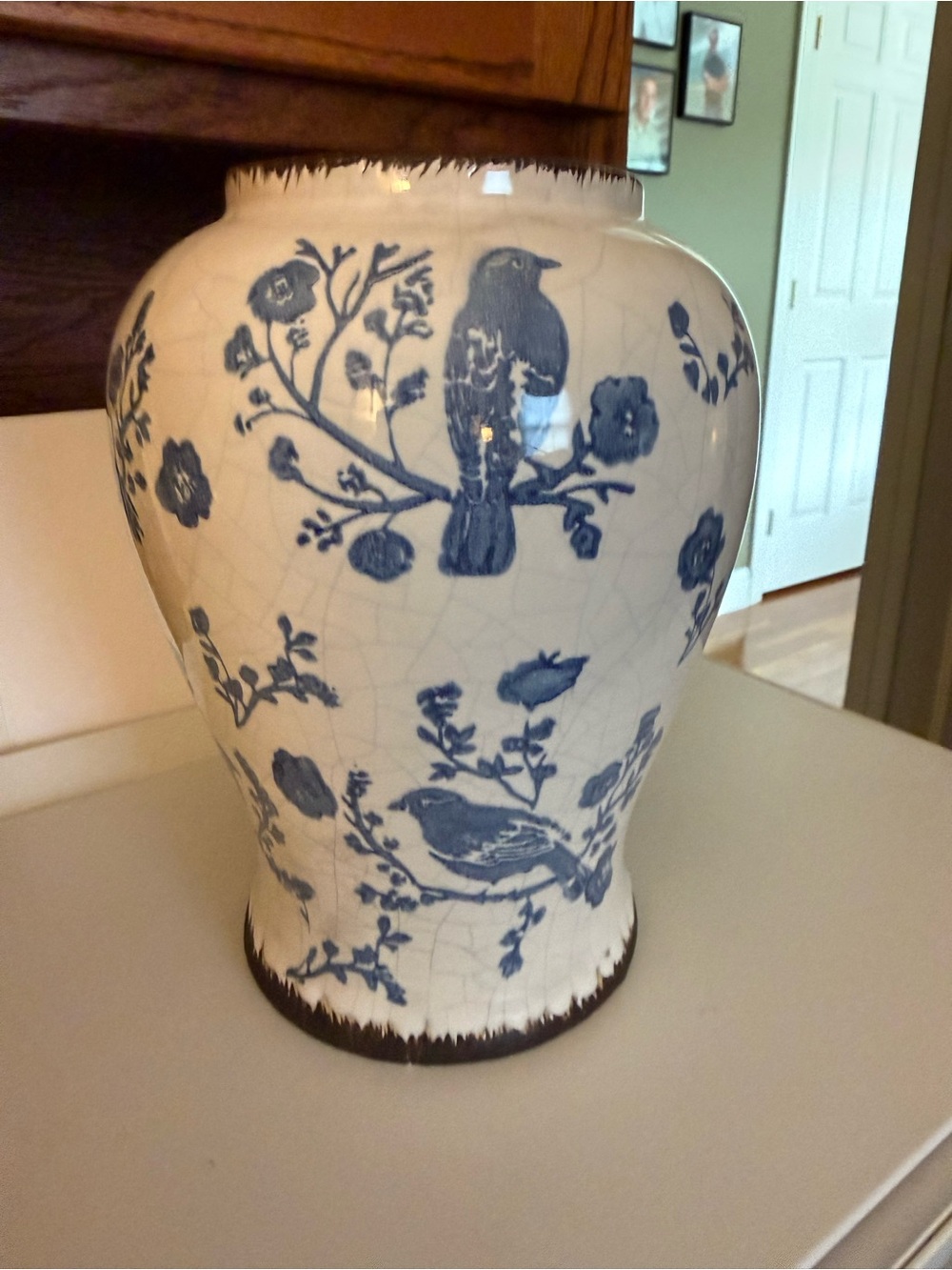 Blue and White Bird Motif Ceramic Vase